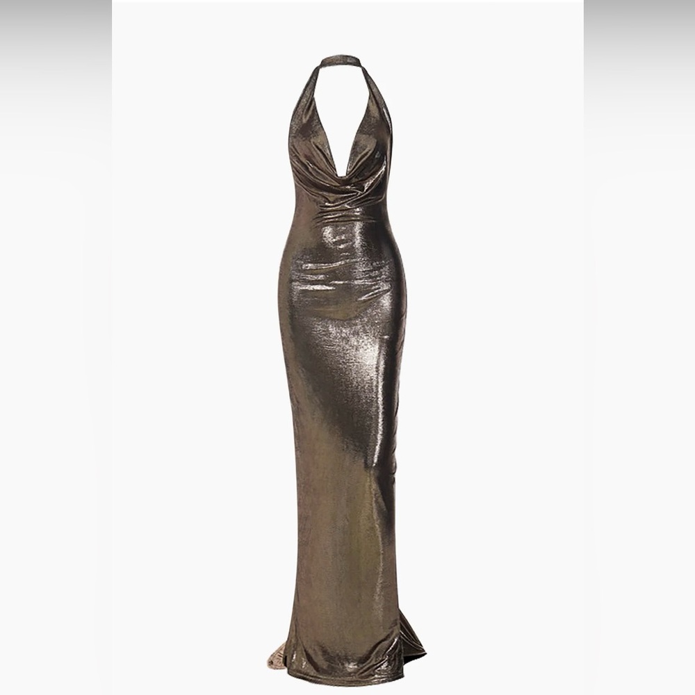 MICKS Bronze Cowl Draped Halter Dress Women’s Size M